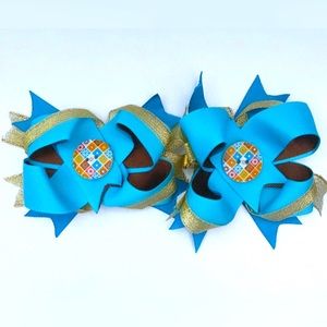 Bows for girl , pair of bows, bows turquoise brown and gold, elegant bows.